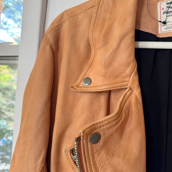 New Free People Jealousy Leather Moto Jacket We The Free Camel Brown Small - Picture 3 of 12